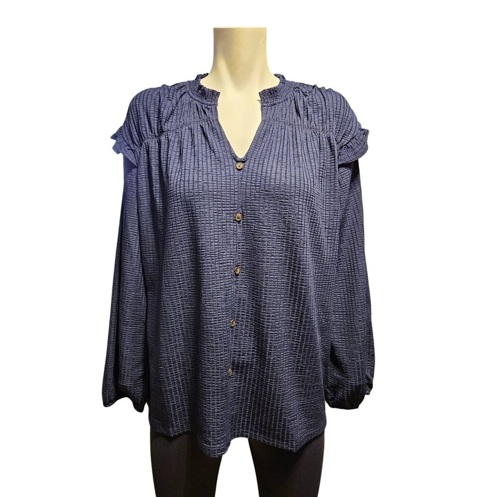 Kaileigh Pullover Navy Blue Texured Ruffled Shoulder Blouse Women Size XL